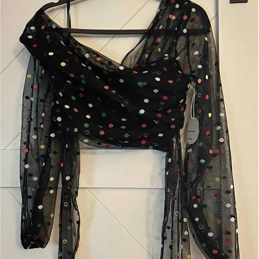 Camila Coelho Black Sheer Top with Colorful Polka Dots